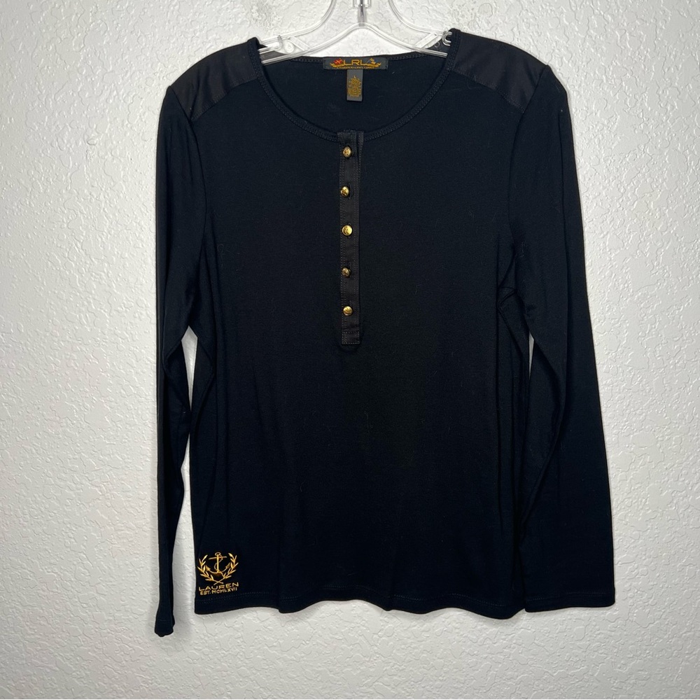 LRL LAUREN Ralph Black Long Sleeve Shirt Top Large Embroidered Anchor Cotton.
